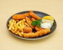 A seafood basket with chips